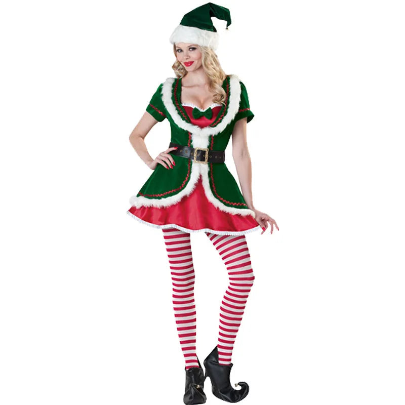 Santa Claus Costume Women Men Christmas Elf Dress Unisex Party Outfit Adult Suit Xmas Stage Performance Festive Role Play Wear