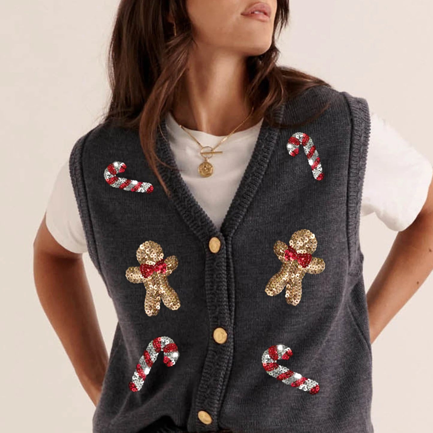 Women Christmas Sweater Vests Santa Claus Print Sleeveless Knit Cardigan Vest Christmas Holiday Tank Tops