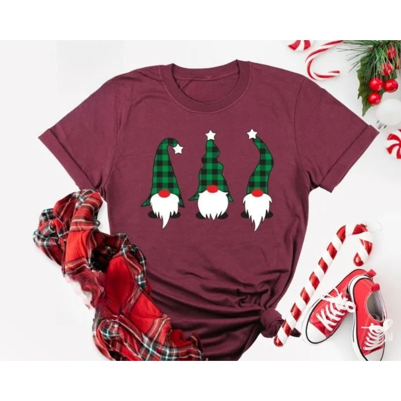 Vintage Santa Gnome Christmas T-Shirt: Xmas Family Tee Harajuku Y2k Top Shirts for Women Seagull Christmas Shirts Cotton Tees