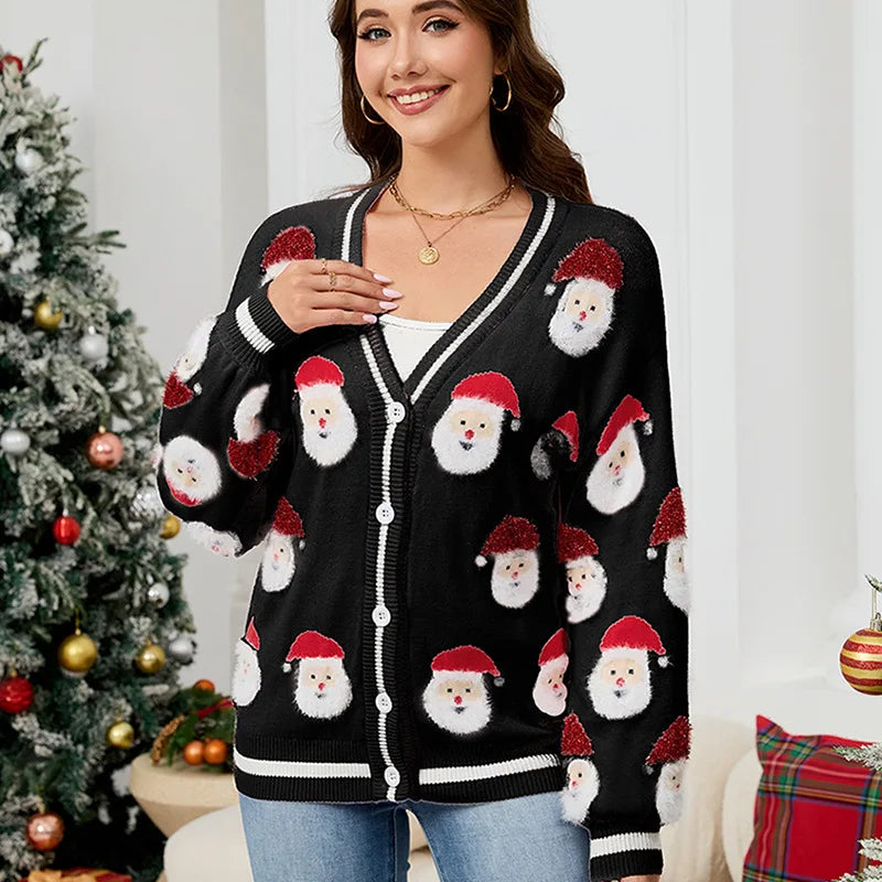 Christmas Fashion Cardigan Coat Woman's Autumn New V-neck Santa Claus Pattern Loose Sweater Winter Ladies Party Knitted Sweaters