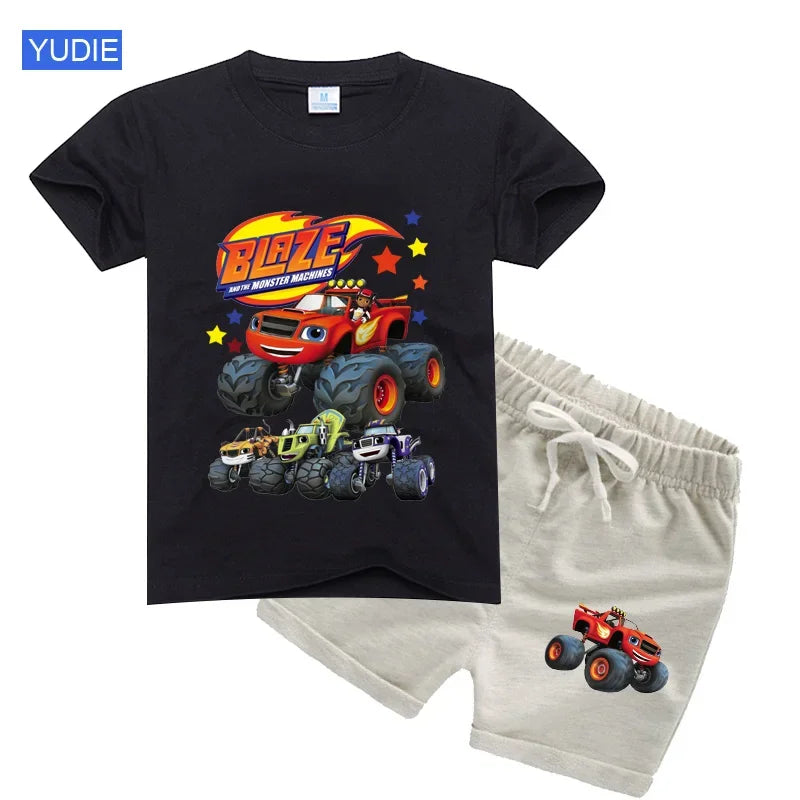 boys shirt Baby Boy Clothes Set Cartoon Blazing Speed Cars Monster Machines Children Girl Short Sleeve T Shirt+Shorts 2PCS Suit