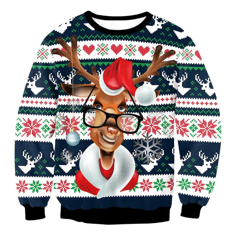 New Year Eve Xmas Sweatshirt 3D Novelty Print Holiday Party Jumper Top Unisex Pullover Reindeer Ugly Christmas Sweater Men Women