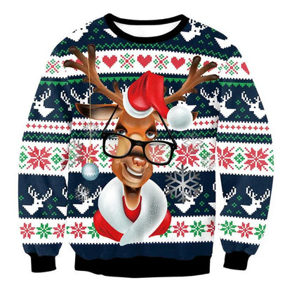 New Year Eve Xmas Sweatshirt 3D Novelty Print Holiday Party Jumper Top Unisex Pullover Reindeer Ugly Christmas Sweater Men Women