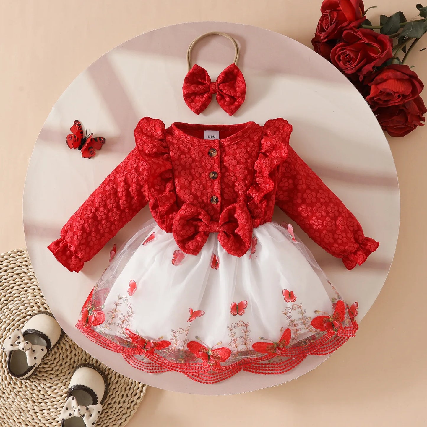Sweet Cute Baby Girls Clothes Long Sleeve Lace Tulle Floral Dress With Bow Headband For Toddler Kids Casual Daily Party Outfits