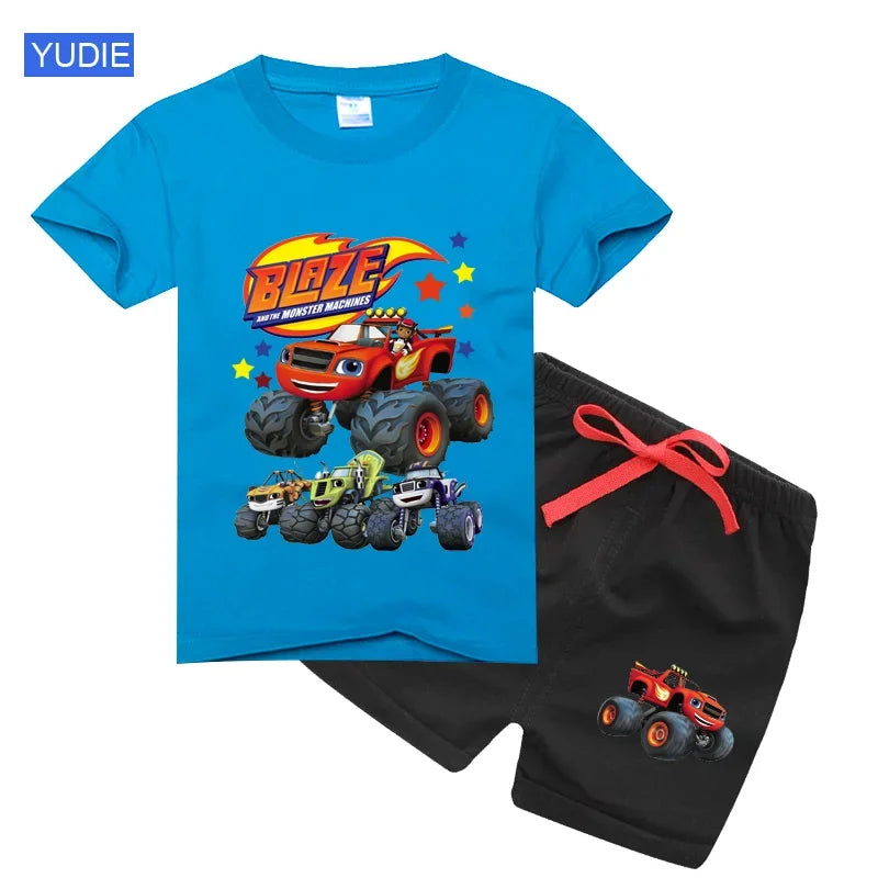 boys shirt  Baby Boy Clothes Set Cartoon Blazing Speed Cars Monster Machines Children Girl Short Sleeve T Shirt+Shorts 2PCS Suit