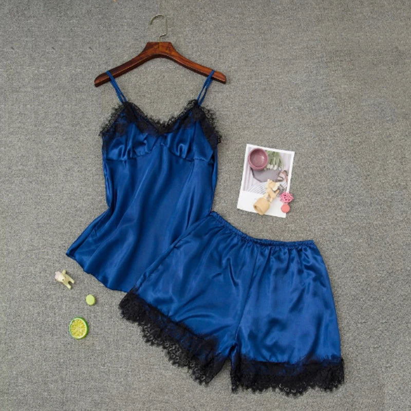 Women Pajama Suit Fashion V-Neck Stretch Satin Babydoll Lace Sexy Lingerie Bowknot Pyjamas Sleep Shorts Set Sleepwear New