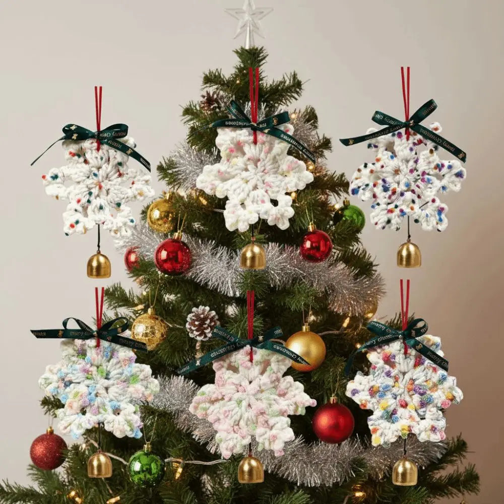 Hand-knitted Christmas Bell Pendant 16cm Crisp Sound Crochet Snowflake Pendant Ribbon Bow with Hanging Rope