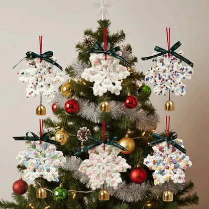 Hand-knitted Christmas Bell Pendant 16cm Crisp Sound Crochet Snowflake Pendant Ribbon Bow with Hanging Rope