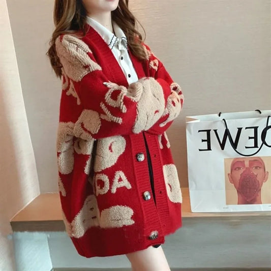 Women's Cardigan Sweater Coat Women Knitted Loose Cartoon Print Christmas Outwear Vintage V-neck Long Sleeve Sweater Cardigans