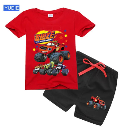 boys shirt  Baby Boy Clothes Set Cartoon Blazing Speed Cars Monster Machines Children Girl Short Sleeve T Shirt+Shorts 2PCS Suit