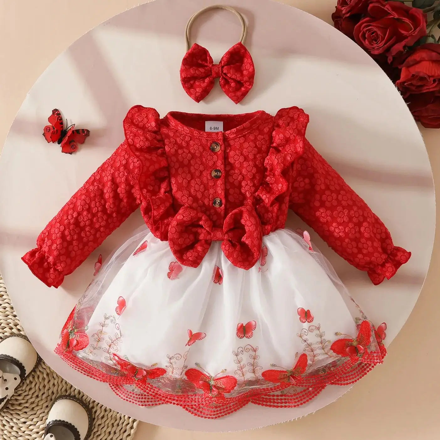 Sweet Cute Baby Girls Clothes Long Sleeve Lace Tulle Floral Dress With Bow Headband For Toddler Kids Casual Daily Party Outfits