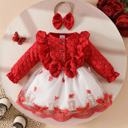 Sweet Cute Baby Girls Clothes Long Sleeve Lace Tulle Floral Dress With Bow Headband For Toddler Kids Casual Daily Party Outfits