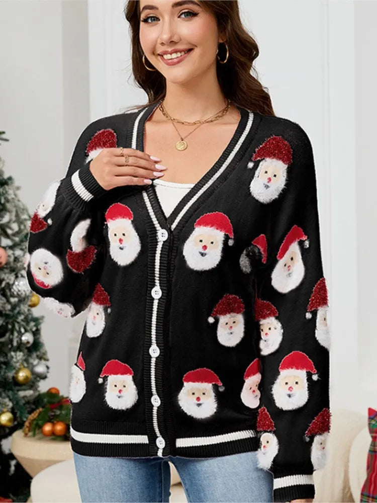 Christmas Fashion Cardigan Coat Woman's Autumn New V-neck Santa Claus Pattern Loose Sweater Winter Ladies Party Knitted Sweaters