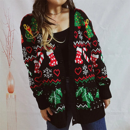 Fashion Christmas Print Cardigan For Women Loose Casual V Neck Single Breasted Knitted Coat 2024 Autumn Winter Elegant Lady New