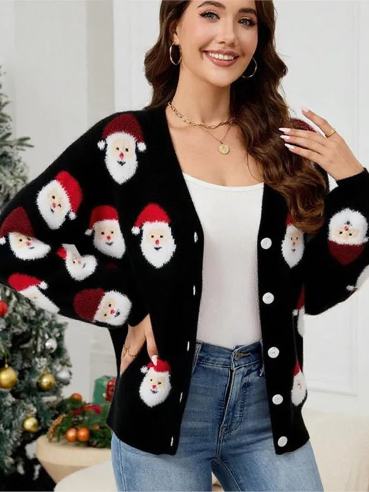 Christmas Fashion Cardigan Coat Woman's Autumn New V-neck Santa Claus Pattern Loose Sweater Winter Ladies Party Knitted Sweaters