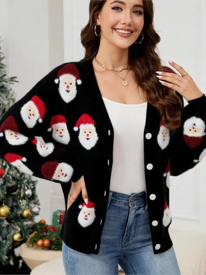 Christmas Fashion Cardigan Coat Woman's Autumn New V-neck Santa Claus Pattern Loose Sweater Winter Ladies Party Knitted Sweaters