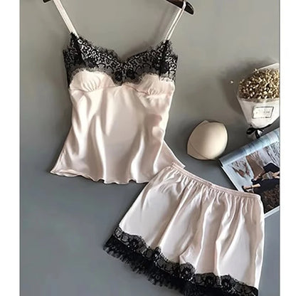 Women Pajama Set Fashion V Neck Stretch Satin Babydoll Lace Sexy Lingerie Bowknot Nightgown Sleep Shorts Set Sleepwear