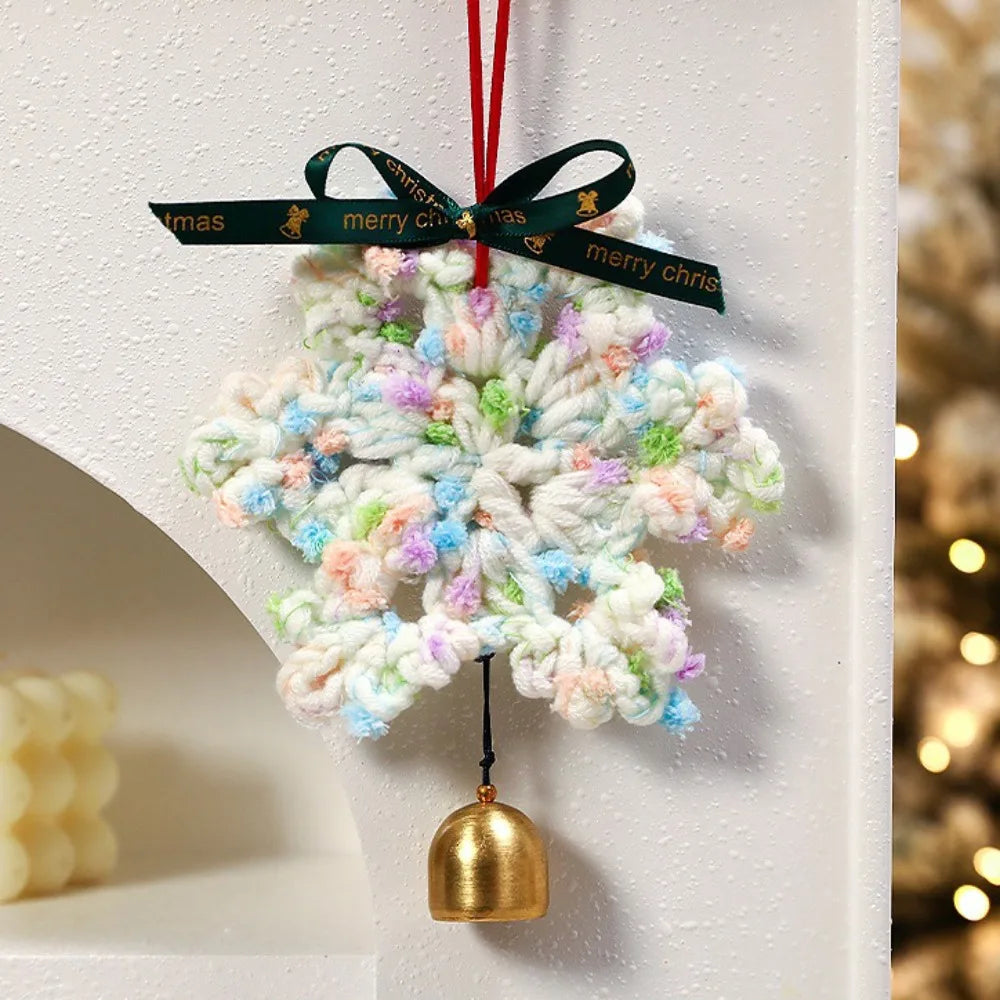 Hand-knitted Christmas Bell Pendant 16cm Crisp Sound Crochet Snowflake Pendant Ribbon Bow with Hanging Rope