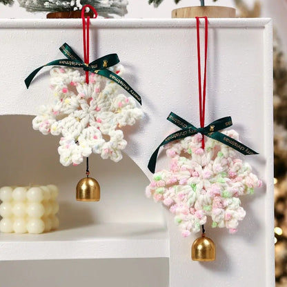 Hand-knitted Christmas Bell Pendant 16cm Crisp Sound Crochet Snowflake Pendant Ribbon Bow with Hanging Rope