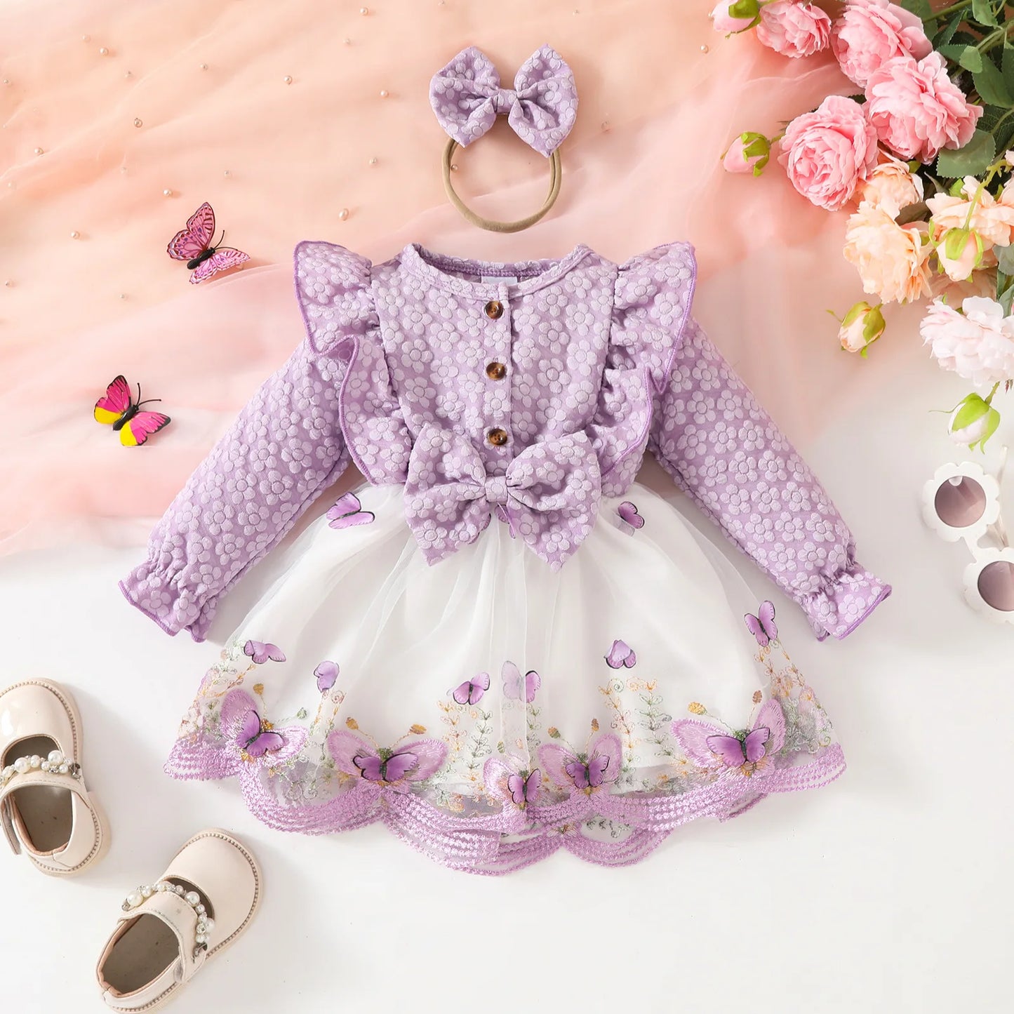 Sweet Cute Baby Girls Clothes Long Sleeve Lace Tulle Floral Dress With Bow Headband For Toddler Kids Casual Daily Party Outfits