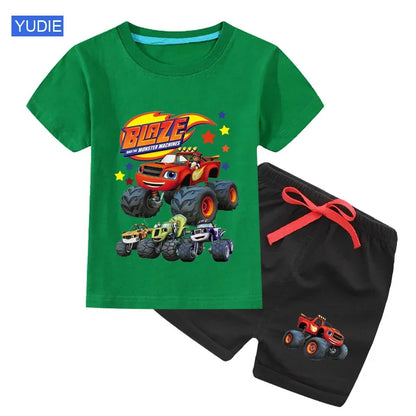 boys shirt  Baby Boy Clothes Set Cartoon Blazing Speed Cars Monster Machines Children Girl Short Sleeve T Shirt+Shorts 2PCS Suit