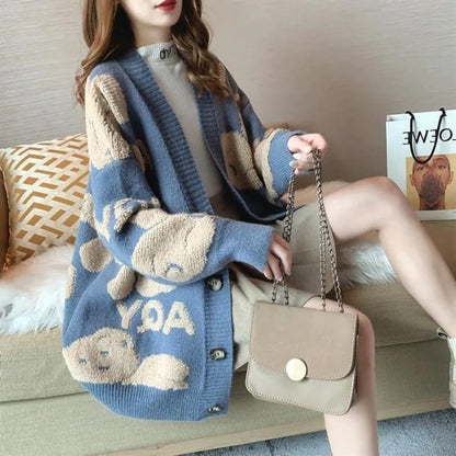 Women's Cardigan Sweater Coat Women Knitted Loose Cartoon Print Christmas Outwear Vintage V-neck Long Sleeve Sweater Cardigans