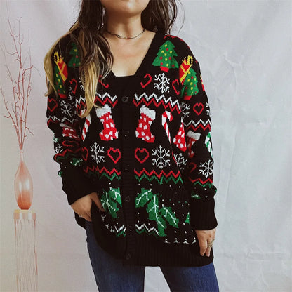 Fashion Christmas Print Cardigan For Women Loose Casual V Neck Single Breasted Knitted Coat 2024 Autumn Winter Elegant Lady New