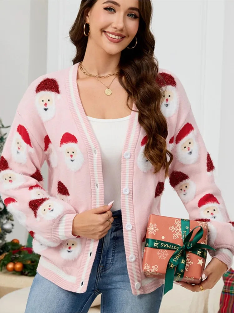 Christmas Fashion Cardigan Coat Woman's Autumn New V-neck Santa Claus Pattern Loose Sweater Winter Ladies Party Knitted Sweaters