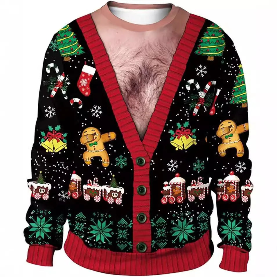 New Year Eve Xmas Sweatshirt 3D Novelty Print Holiday Party Jumper Top Unisex Pullover Reindeer Ugly Christmas Sweater Men Women