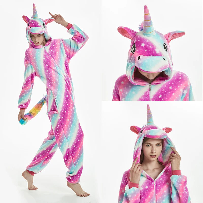 Animal Onesies Kigurumi Unicorn Pajamas Set Women Winter Overall Flannel Cartoon Cosplay Sleepwear Jumpsuit Men Homewear Pijama