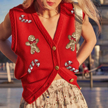 Women Christmas Sweater Vests Santa Claus Print Sleeveless Knit Cardigan Vest Christmas Holiday Tank Tops