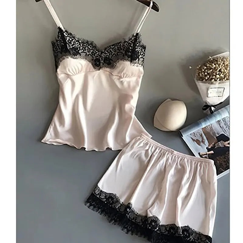 Women Pajama Set Fashion V Neck Stretch Satin Babydoll Lace Sexy Lingerie Bowknot Nightgown Sleep Shorts Set Sleepwear