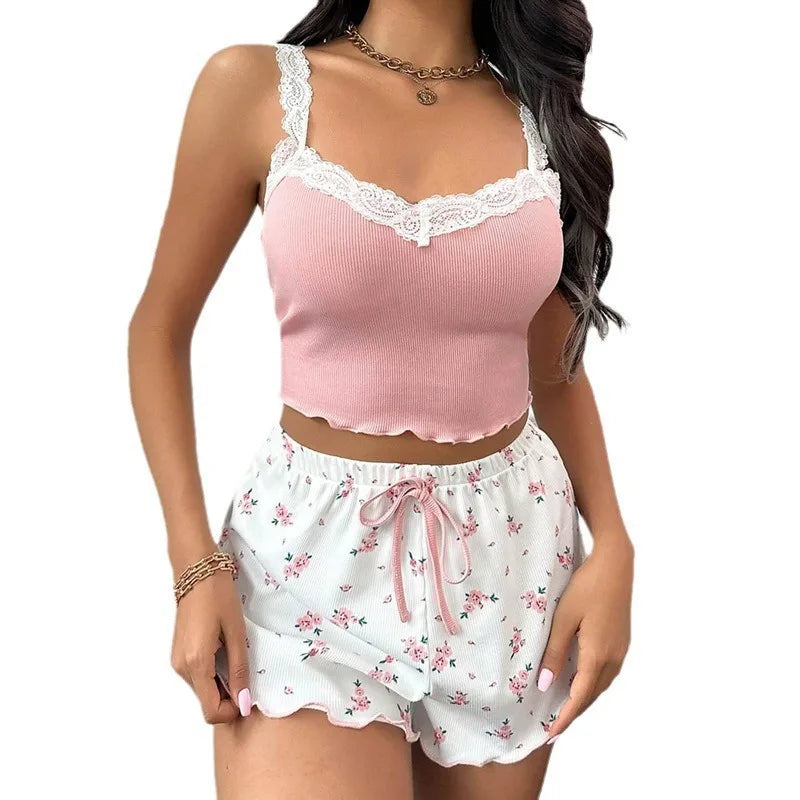 Women Pajama Set Lace Patchwork V-Neck Sleepwear Sexy Female Nighties Suit Cami Top Printed Shorts Soft Pyjamas Loungewear 2psc
