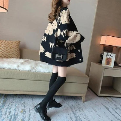 Women's Cardigan Sweater Coat Women Knitted Loose Cartoon Print Christmas Outwear Vintage V-neck Long Sleeve Sweater Cardigans