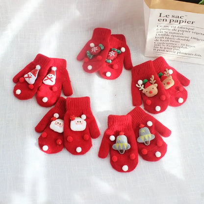 Bell Elk Plus Velvet Winter And Autumn Christmas Kids Mittens Full Fingers Gloves Santa Claus Printed Women Knitted Gloves