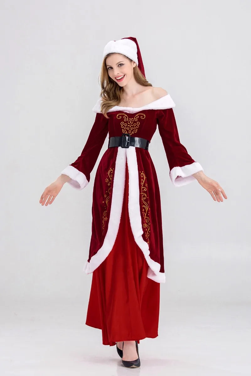 Santa Claus Costume Women Men Christmas Elf Dress Unisex Party Outfit Adult Suit Xmas Stage Performance Festive Role Play Wear