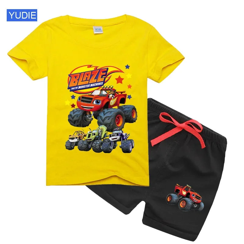 boys shirt  Baby Boy Clothes Set Cartoon Blazing Speed Cars Monster Machines Children Girl Short Sleeve T Shirt+Shorts 2PCS Suit