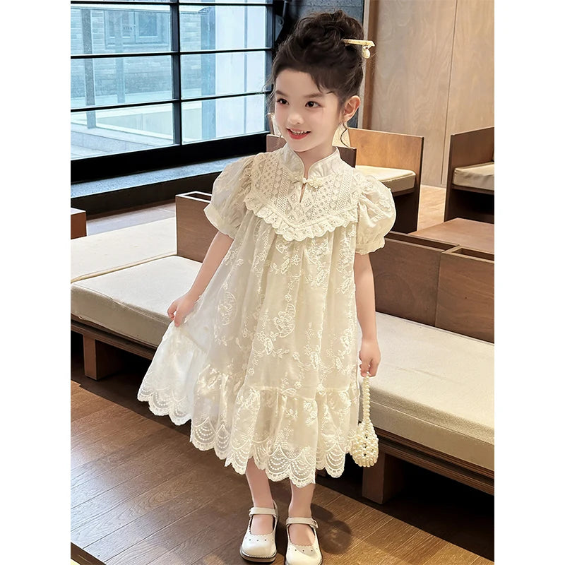 Baby Girls Dress Children Sweet Dress Kids Ruffle Trim Party Princess Dress Lace Collar Going Out Casual Dresses Clothes