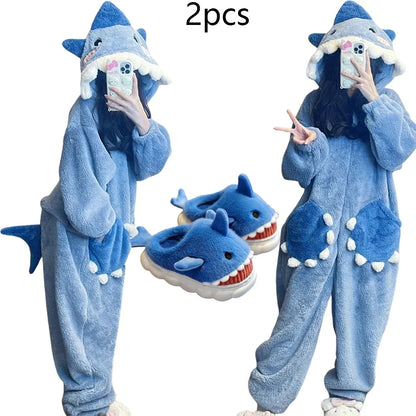 Cartoon Cute Shark Women's Hooded Sleepwear Kigurumi Unicorn Winter Cosplay Pijama jumpsuit Female Christmas Party Loungewear
