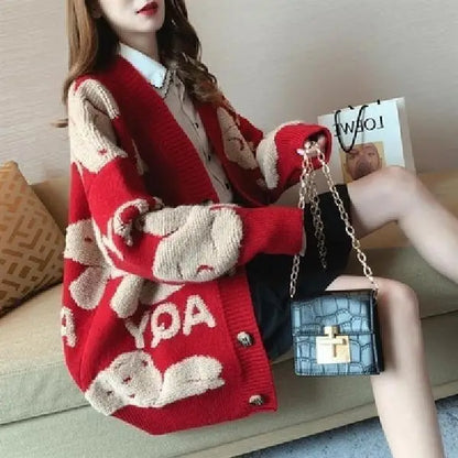 Women's Cardigan Sweater Coat Women Knitted Loose Cartoon Print Christmas Outwear Vintage V-neck Long Sleeve Sweater Cardigans