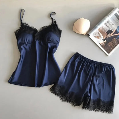 Women Pajama Set Fashion V Neck Stretch Satin Babydoll Lace Sexy Lingerie Bowknot Nightgown Sleep Shorts Set Sleepwear