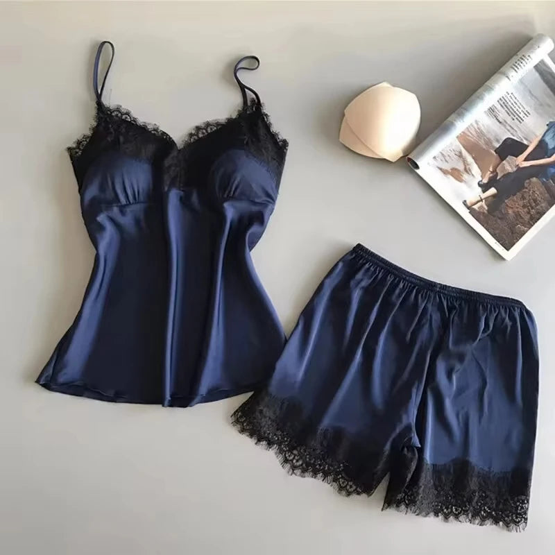 Women Pajama Set Fashion V Neck Stretch Satin Babydoll Lace Sexy Lingerie Bowknot Nightgown Sleep Shorts Set Sleepwear