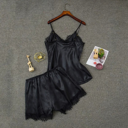 Women Pajama Suit Fashion V-Neck Stretch Satin Babydoll Lace Sexy Lingerie Bowknot Pyjamas Sleep Shorts Set Sleepwear New