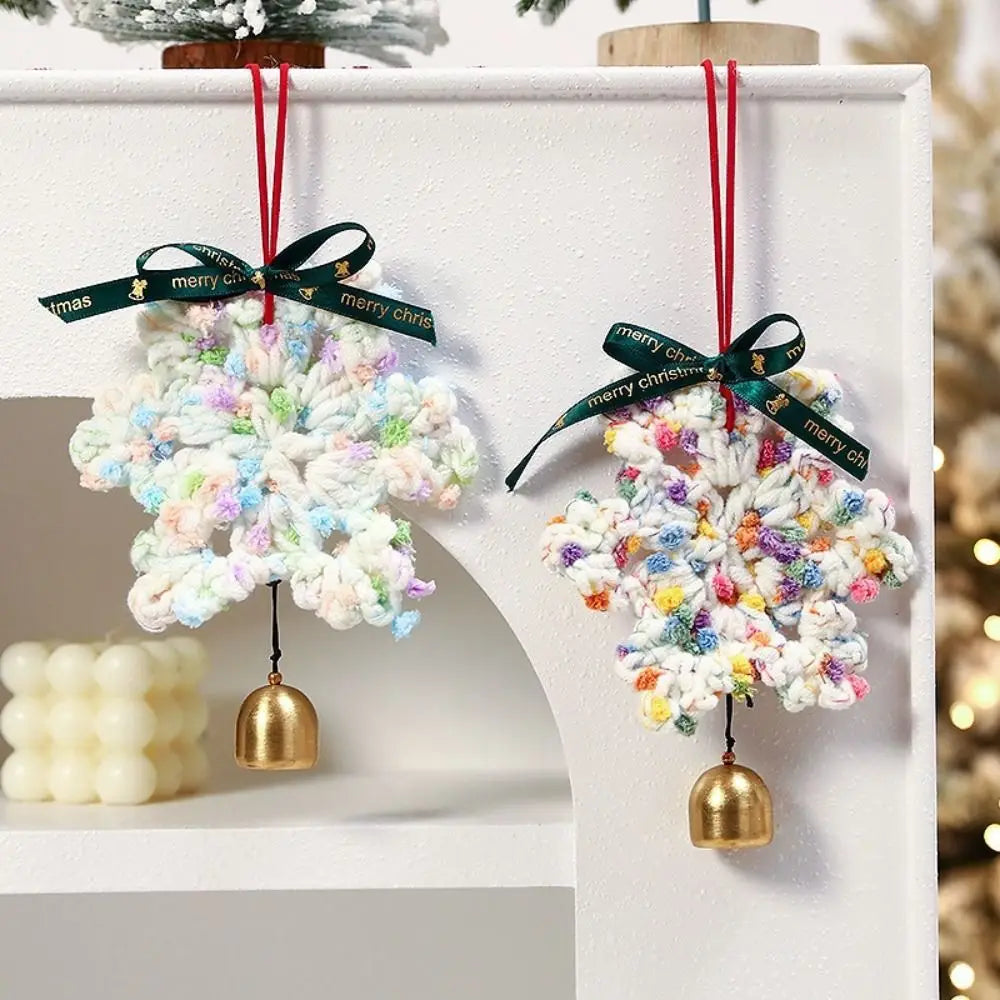 Hand-knitted Christmas Bell Pendant 16cm Crisp Sound Crochet Snowflake Pendant Ribbon Bow with Hanging Rope