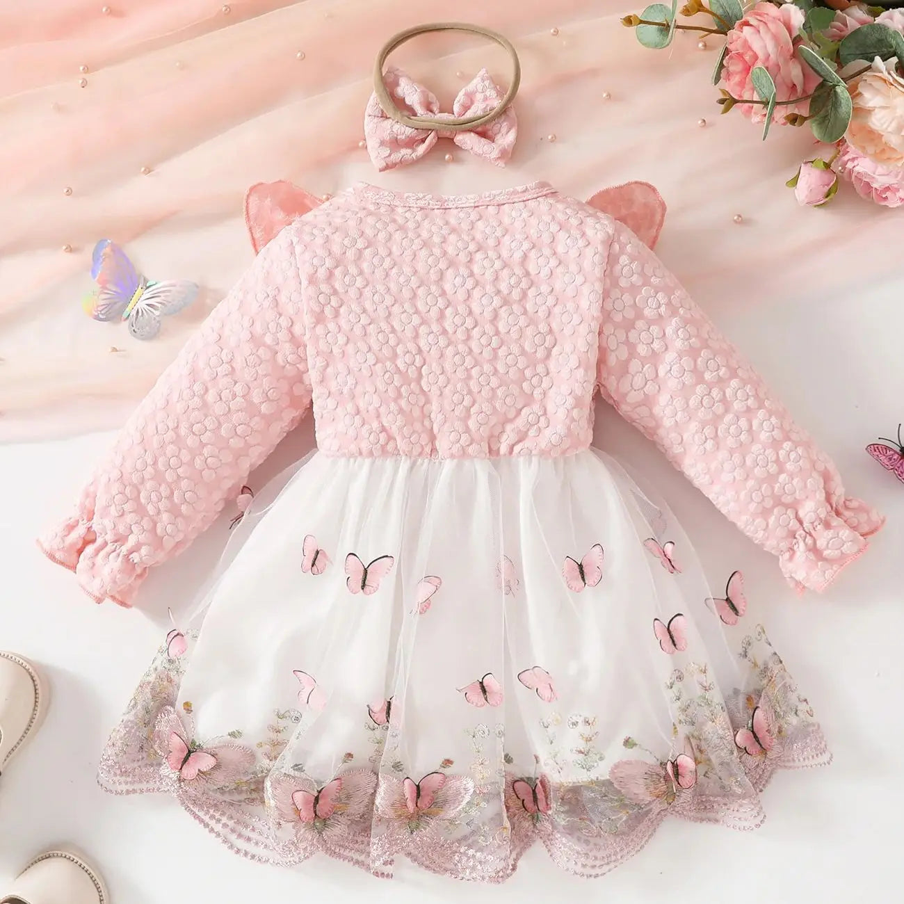 Sweet Cute Baby Girls Clothes Long Sleeve Lace Tulle Floral Dress With Bow Headband For Toddler Kids Casual Daily Party Outfits