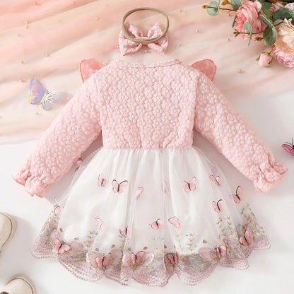 Sweet Cute Baby Girls Clothes Long Sleeve Lace Tulle Floral Dress With Bow Headband For Toddler Kids Casual Daily Party Outfits