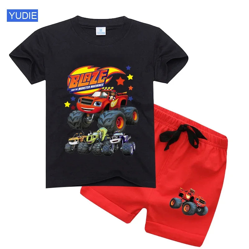 boys shirt  Baby Boy Clothes Set Cartoon Blazing Speed Cars Monster Machines Children Girl Short Sleeve T Shirt+Shorts 2PCS Suit