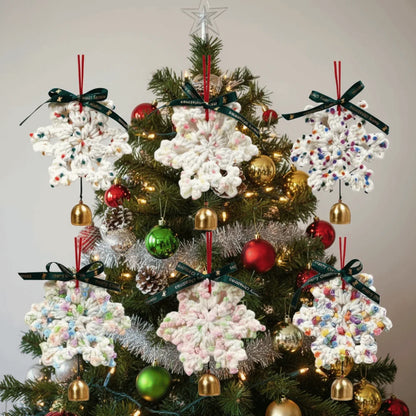 Hand-knitted Christmas Bell Pendant 16cm Crisp Sound Crochet Snowflake Pendant Ribbon Bow with Hanging Rope