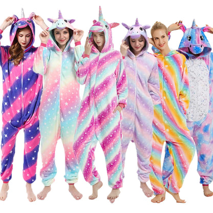 Animal Onesies Kigurumi Unicorn Pajamas Set Women Winter Overall Flannel Cartoon Cosplay Sleepwear Jumpsuit Men Homewear Pijama