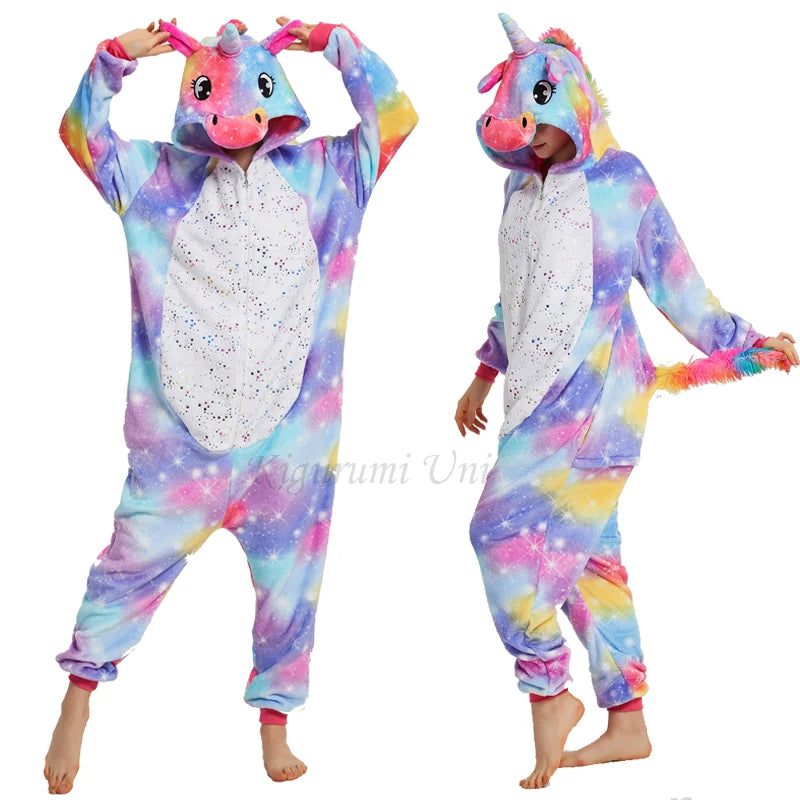 Animal Onesies Kigurumi Unicorn Pajamas Set Women Winter Overall Flannel Cartoon Cosplay Sleepwear Jumpsuit Men Homewear Pijama